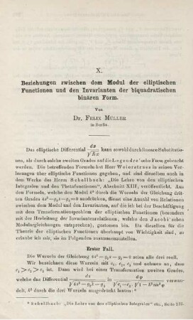 X. Beziehung zwischen dem Modul der elliptischen Functionen und den Invarianten der biquadratischen binären Form.