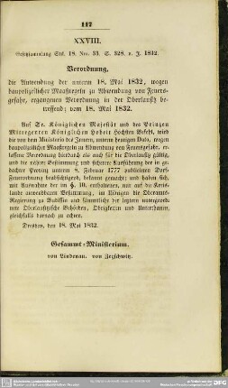 XXVIII. Verordnung, die Anwendung der unterm 18. Mai 1832, wegen baupolizeilicher Maaßregeln zu Abwendung von Feuersgefahr, ergangenen Verordnung in der Oberlausitz betreffend; vom 18. Mai 1832