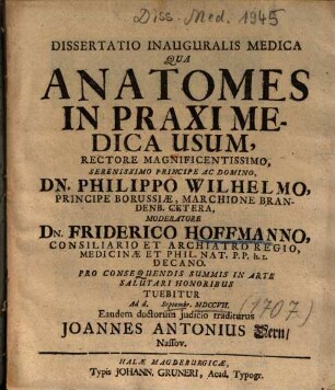 Dissertatio Inauguralis Medica Qua Anatomes In Praxi Medica Usum
