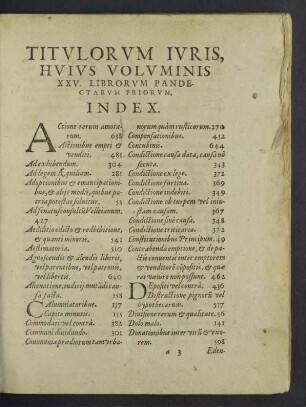 Titulorum iuris, huius voluminis XXV. librorum pandectarum priorum, Index.