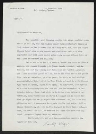 Brief von Arnold Krieger an Gerhart Hauptmann