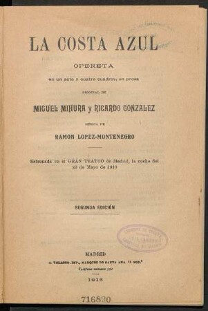 La costa azul : opereta en un acto y cuatro cuadros, en prosa, original de Miguel Mihura y Ricardo González