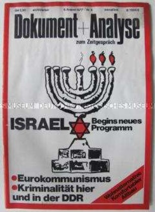 Monatszeitschrift "Dokument+Analyse" über Israel, Eurokommunismus und Kriminalität in der DDR