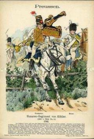 Uniformdarstellung, Trompeter und Gemeiner des Husaren-Regiments H 3, Königreich Preußen, 1792.