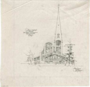 Gsaenger, Gustav; Oberstdorf / Allgäu (Bayern); Ev. Kirche - Vorprojekt zum Umbau, Erweiterungs- u. Pfarramtsneubau, Südseite (Ansicht)