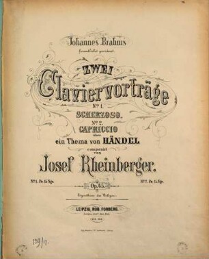 2 Claviervorträge : über e. Thema von Händel ; op. 45. 1, Scherzoso