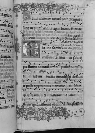 Antiphonarium (Benediktinerhandschrift) — Initiale G (loriosa et beatissima), darin Martyrium der heiligen Afra und Wappen in der Bordüre, Folio 270recto