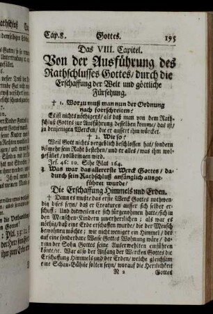 Das VIII. Capitel. Von der Ausführung des Rathschlusses Gottes/ durch die Erschaffung der Welt und göttliche Fürsehung.