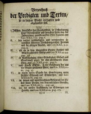 Verzeichniß der predigten und Texten/ so in diesem Buche enthalten und abgehandelt sind.