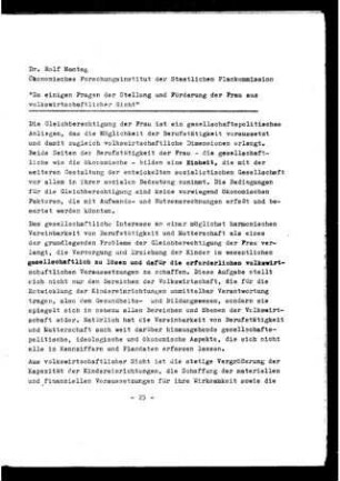 Zu einigen Fragen der Stellung und Förderung der Frau aus volkswirtschaftlicher Sicht