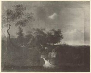 Landschaft mit Steg und Wasserfall