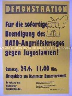 Maueranschlag mit dem Aufruf zu einer Demonstration gegen den NATO-Angriff auf Jugoslawien
