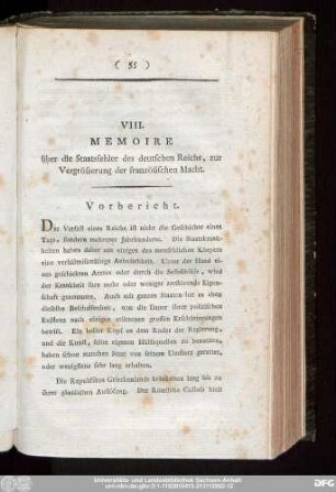VIII. Memoire über die Staatsfehler des deutschen Reichs, zur Vergrösserung der französischen Macht.
