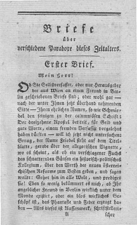 Briefe über verschiedene Paradoxe dieses Zeitalters