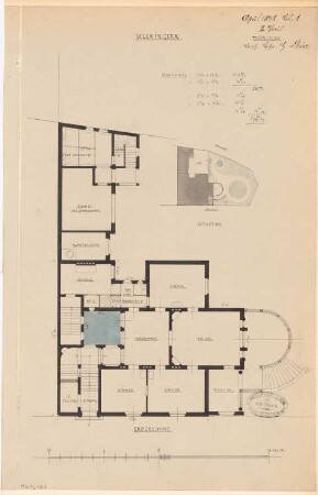 Villa, Gera Monatskonkurrenz April 1878: Grundriss Erdgeschoss; Maßstabsleiste, Raumplan, qm-Berechnung