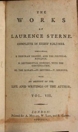 The Works Of Laurence Sterne : Complete In Eight Volumes ; With An Account Of The Life And Writings Of The Author, 8