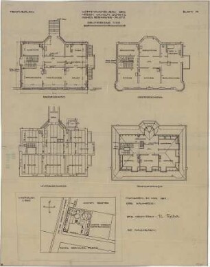 Fischer, Theodor; München - Laim; Haus Schätz - Lageplan, Grundriss UG, Grundriss EG, Grundriss OG, Grundriss DG