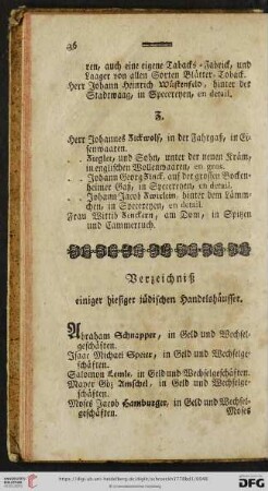 Verzeichniß einiger hiesiger jüdischen Handelshäusser