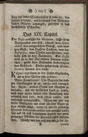 Das XIX. Capitel. Der Bassa entlässet die Sclaven ... – Das XX. Capitel. Robinsons Liebe mit der Madame de Lifferoy