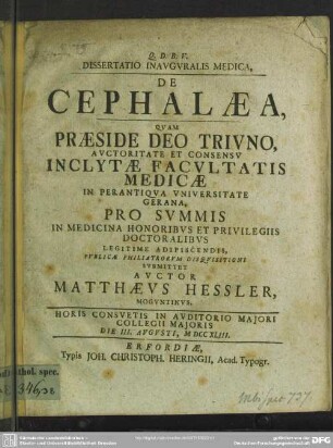 Dissertatio Inauguralis Medica, De Cephalaea
