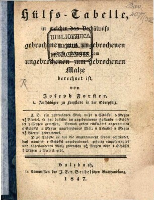 Hülfs-Tabelle, in welcher des Verhältnis des gebrochenen zum ungebrochenen Malze u. so ?? von ungebrochenen zum gebrochenen Malze berechnet