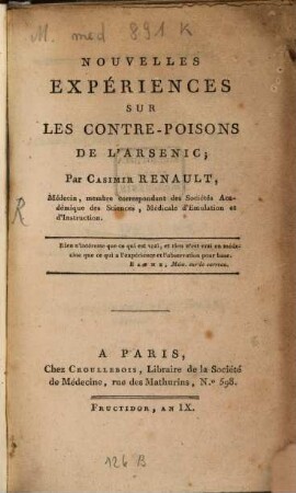 Nouvelles expériences sur les contre-poisons de l'Arsenic