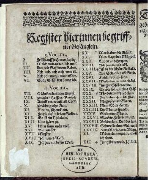 Register hierinnen begriffner Gesänglein