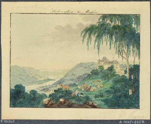 Das Schloss Siebeneichen südlich von Meißen, von Ernst von Miltitz, Blick ins Elbtal in südöstliche Richtung