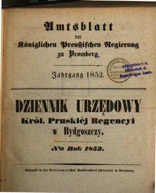 Amtsblatt der Königlichen Preußischen Regierung zu Bromberg. 1852