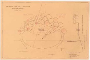 Ehrenmal für die Gefallenen des Weltkrieges, Pasewalk: Lageplan 1:200; Geländeschnitt mit Seitenansicht des Denkmals 1:200