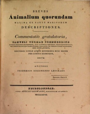 Brevis animalium quorundam, maxima ex parte marinorum, descriptiones