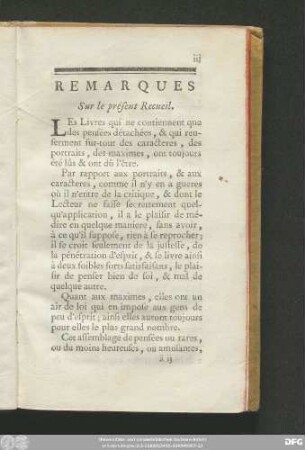 Remarques Sur le présent Recueil.