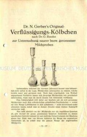 Dr. N. Gerber`s Original-Verflüssigungs-Kölbchen nach Dr. G. Roeder zur Untersuchung saurer bezw. geronnener Milchproben / Nr. 177