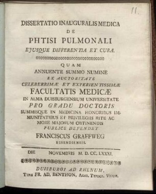 Dissertatio Inauguralis Medica De Phtisi Pulmonali Eiusque Differentia Et Cura