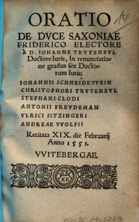 Oratio De Dvce Saxoniae Friderico Electore