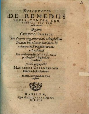 Disp. de remediis iuris contra sententiam seu rem iudicatam