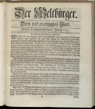 Drey und zwanzigstes Blatt. Berlin, Donnerstags den 6. Julius 1741.