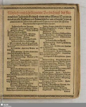 Nützliche und sehr bequeme Verzeichnuß der fürnembsten Jahrmärckte durch einen jeden Monat