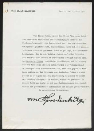 Brief von Paul von Hindenburg an Gerhart Hauptmann