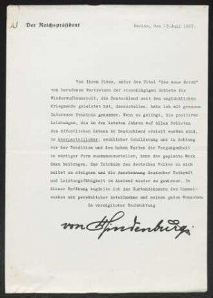 Brief von Paul von Hindenburg an Gerhart Hauptmann