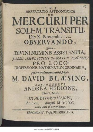 Dissertatio Astronomica De Mercurii Per Solem Transitu Die X. Novembr. a. c. Observando