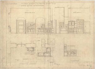 Fischer, Theodor; München - Westend, Bergmannstr.; Ledigenheim - Schwenkbalken u. Anrichte in der öffentlichen Gastwirtschaft (Grundriss, Ansichten, Schnitt)