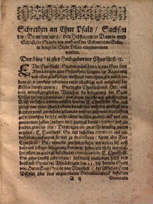 Abdruck etlicher Schriften die Böhmische unruhe betreffend., I.. Schreiben an Chur Pfaltz &.