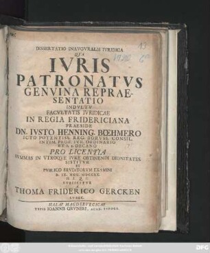 Dissertatio Inavgvralis Ivridica Qva Ivris Patronatvs Genvina Repraesentatio