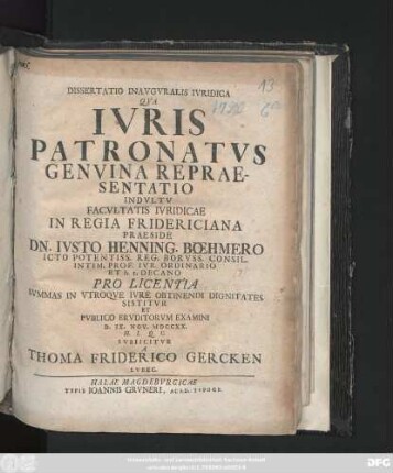Dissertatio Inavgvralis Ivridica Qva Ivris Patronatvs Genvina Repraesentatio