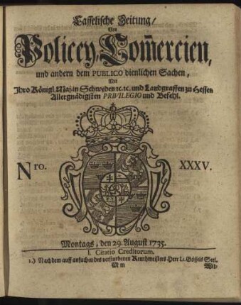 Nro. XXXV, Montags, den 29. August 1735