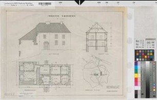 Hainchen, Schloss: Ansicht von Südwesten, Querschnitt, Grundriss Erdgeschoss, Lageplan 1:1000