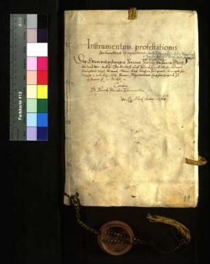 Instrumentum protestationis, declarationis et requisitionis des Zacharias Geizkofler contra Dr. H. U. Hämmerl, ausgestellt von Notar David Schwarz, 105 Pergamentblätter