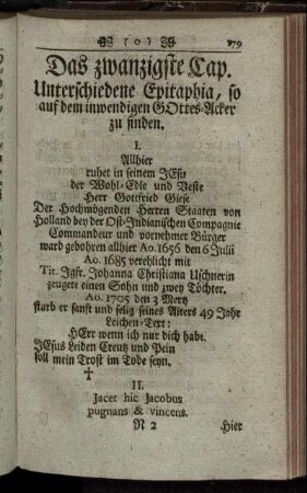 Das zwanzigste Cap. Unterschiedene Epitaphia, so auf dem inwendigen Gottes-Acker zu finden.