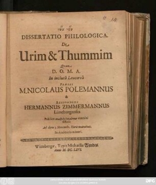 Dissertatio Philologica. De Urim & Thummim